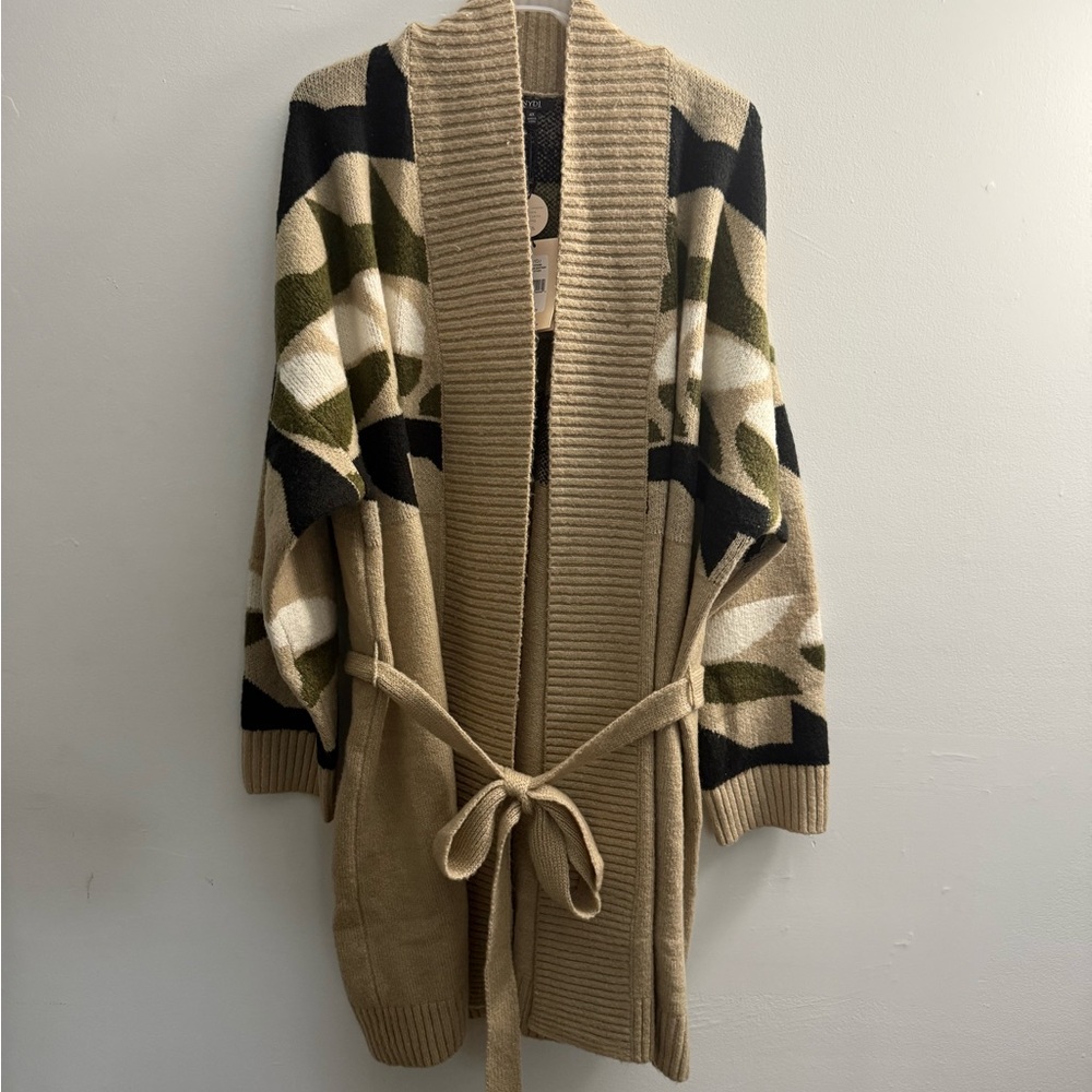 NYDJ Beige and Black Cardigan with Green Accents